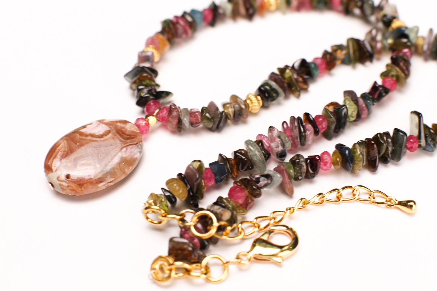 Natural Rhodochrosite 18x25mm Oval pendant, Multi Tourmaline raw nugget chips, Gold Necklace 16" with 2" Extension Chain healing energy gif