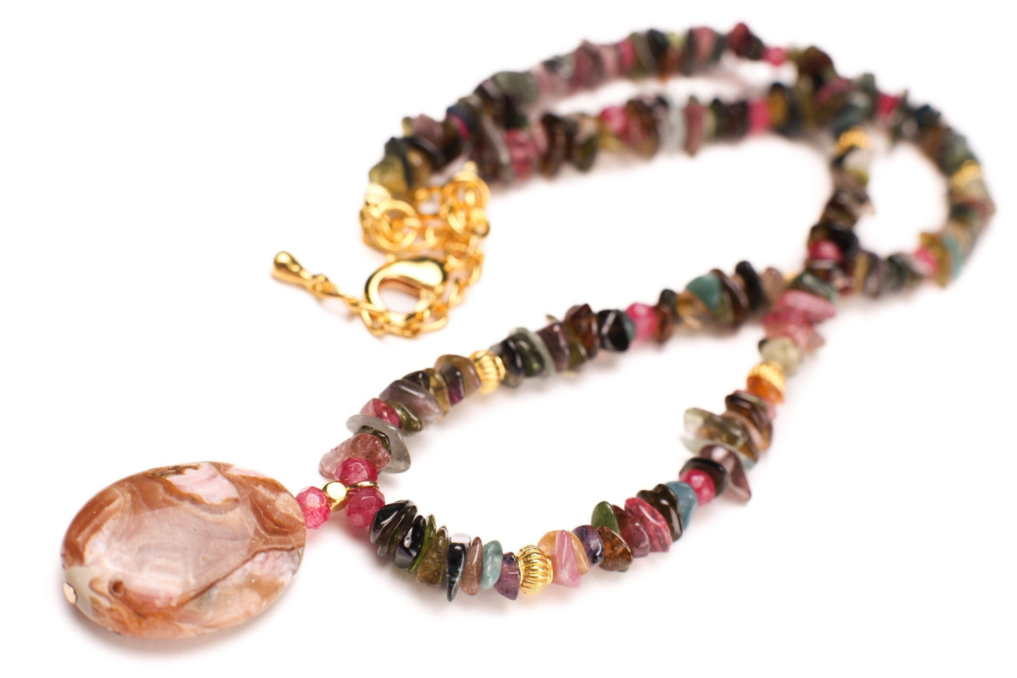 Natural Rhodochrosite 18x25mm Oval pendant, Multi Tourmaline raw nugget chips, Gold Necklace 16" with 2" Extension Chain healing energy gif