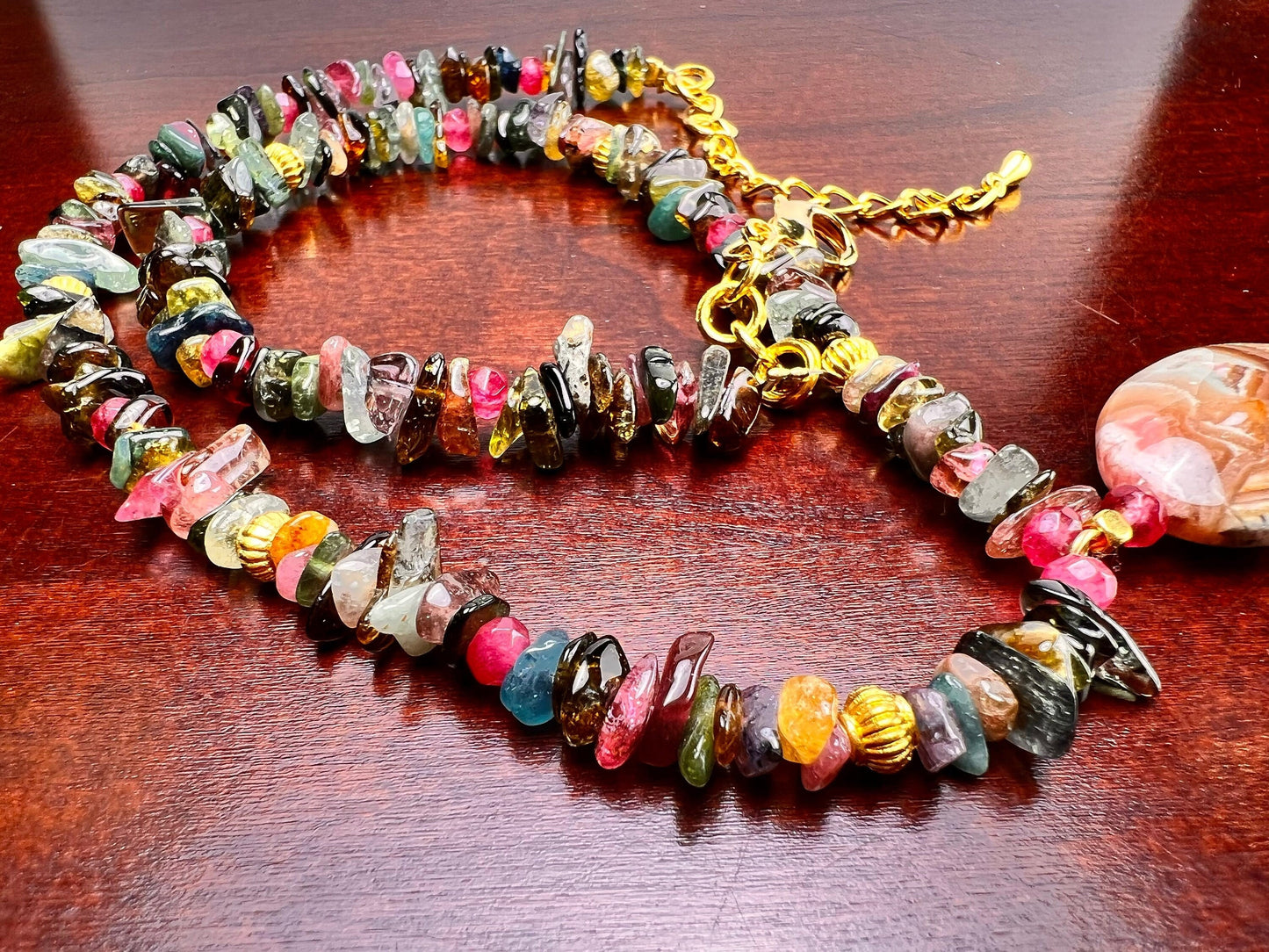 Natural Rhodochrosite 18x25mm Oval pendant, Multi Tourmaline raw nugget chips, Gold Necklace 16" with 2" Extension Chain healing energy gif