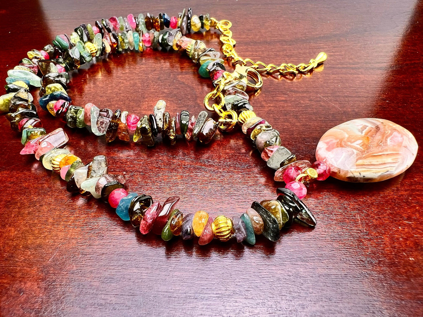 Natural Rhodochrosite 18x25mm Oval pendant, Multi Tourmaline raw nugget chips, Gold Necklace 16" with 2" Extension Chain healing energy gif