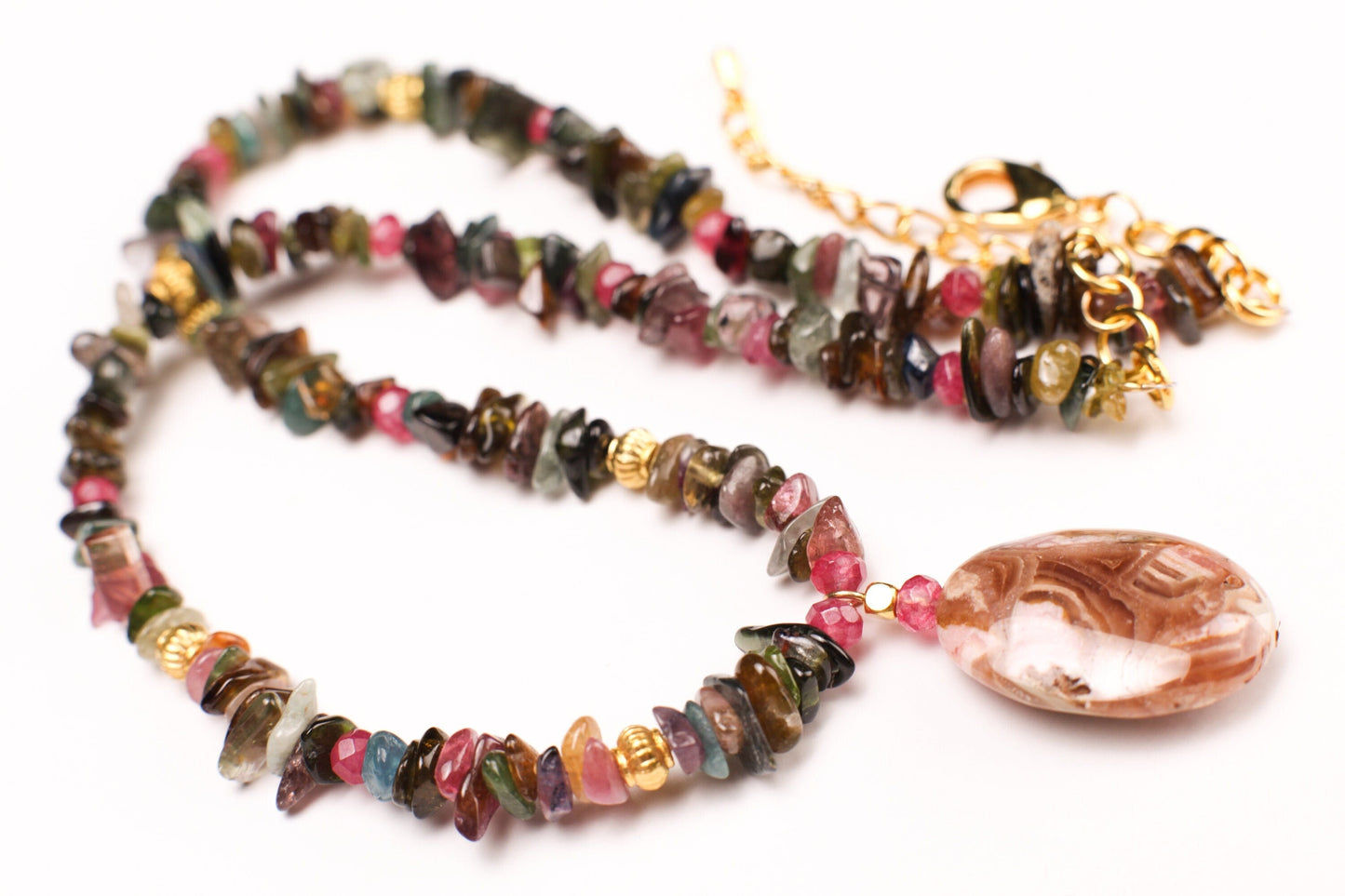 Natural Rhodochrosite 18x25mm Oval pendant, Multi Tourmaline raw nugget chips, Gold Necklace 16" with 2" Extension Chain healing energy gif