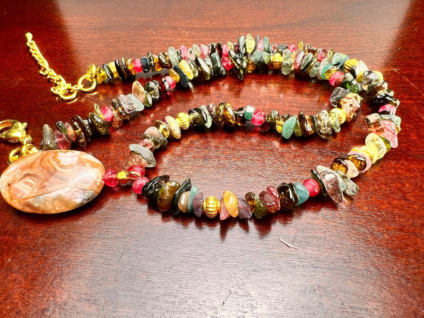 Natural Rhodochrosite 18x25mm Oval pendant, Multi Tourmaline raw nugget chips, Gold Necklace 16" with 2" Extension Chain healing energy gif