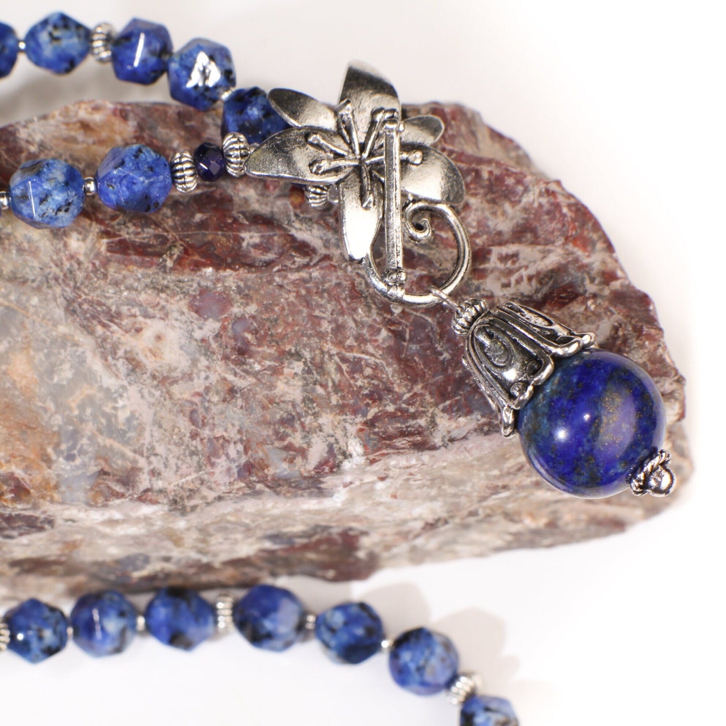 Lapis Lazuli Fancy Cap Pendant with Sodalite Faceted Hexagon Necklace Accented with Bali Style bead and Flower Toggle necklace