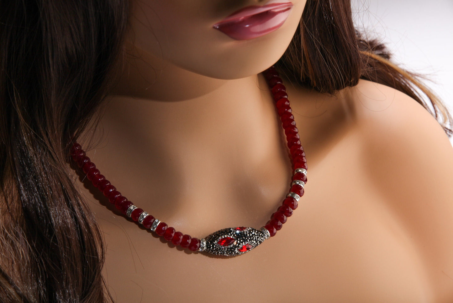 Ruby Jade Faceted Roundel with Rhinestone Oval Crystal Pendant 17.75" Necklace with 2" Extension Chain
