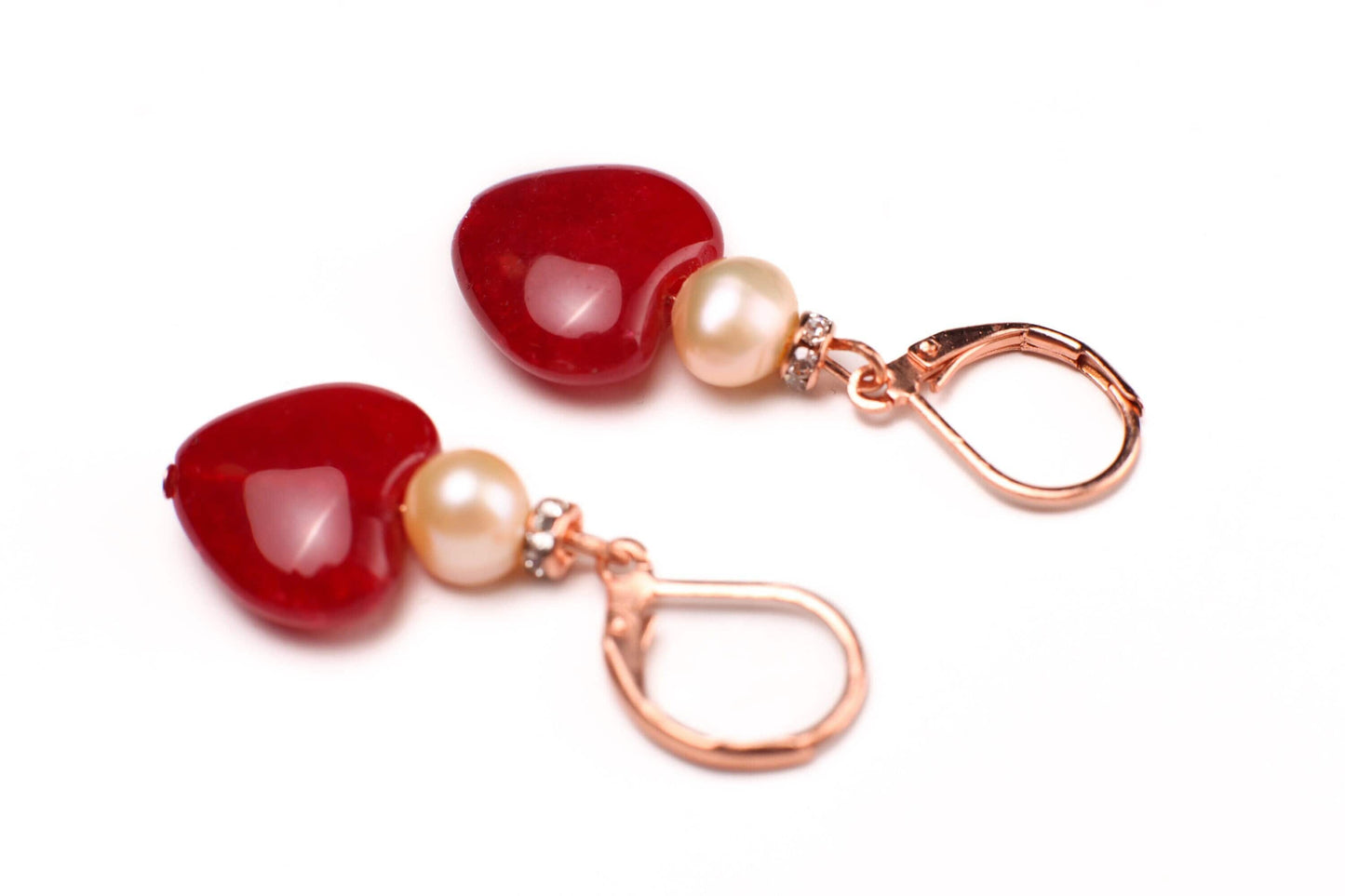 Ruby Jade 15mm Heart, Freshwater Pearl Spacers Dangle Rose Gold Leverback Earrings, Vintage Natural Gemstone Handmade Gift For Her