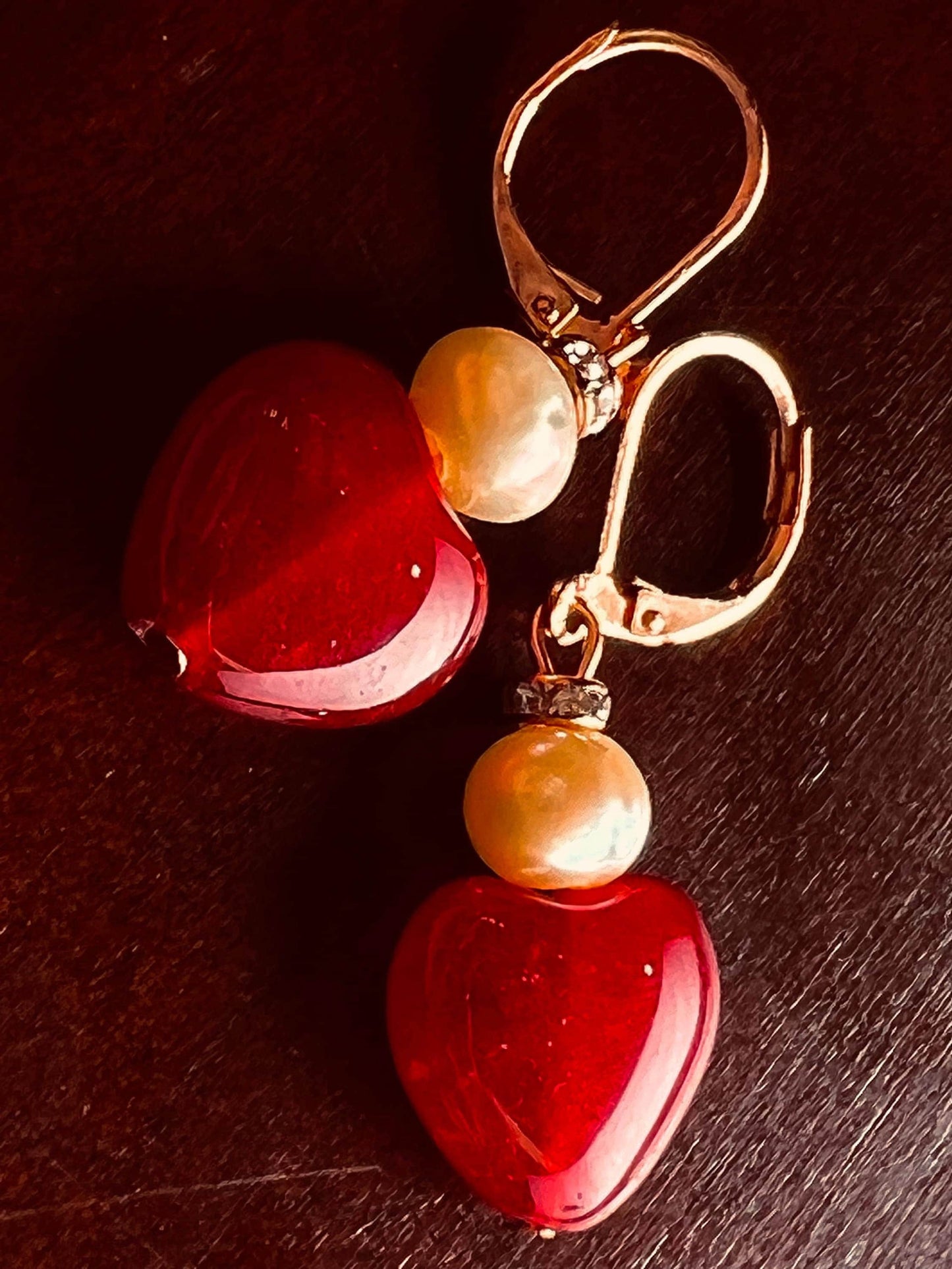 Ruby Jade 15mm Heart, Freshwater Pearl Spacers Dangle Rose Gold Leverback Earrings, Vintage Natural Gemstone Handmade Gift For Her