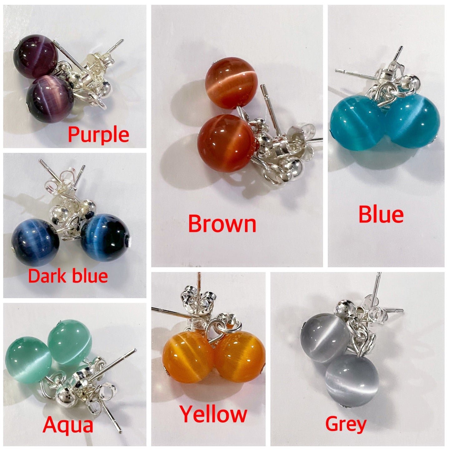 Cat's Eye Ball Post Dangling Earring 8mm Round, Earring Gift Dark Blue, Green, Aqua Blue, Blue , Grey