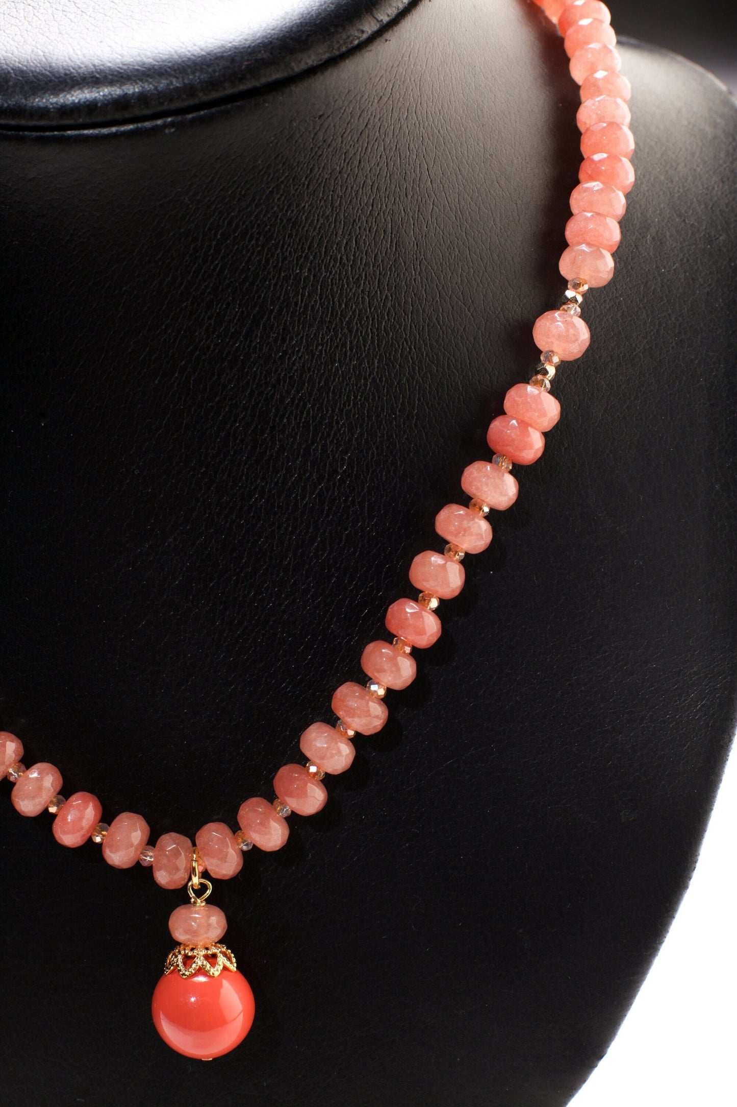 Peach Aventurine Faceted Rondelle Necklace with Salmon South Sea Seashell Pearl Pendant 17.5" Gold Necklace +2" Extension Chain