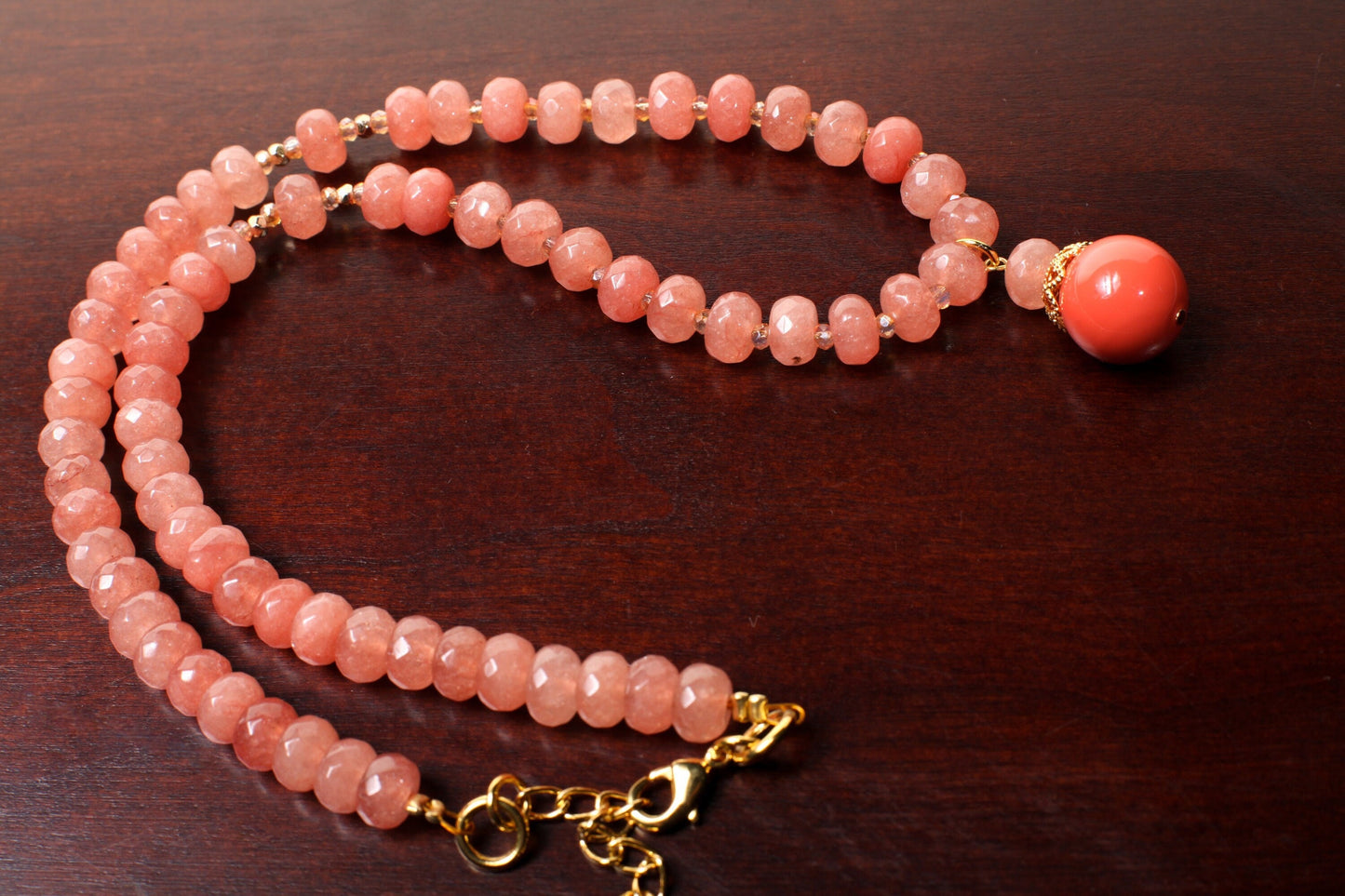 Peach Aventurine Faceted Rondelle Necklace with Salmon South Sea Seashell Pearl Pendant 17.5" Gold Necklace +2" Extension Chain