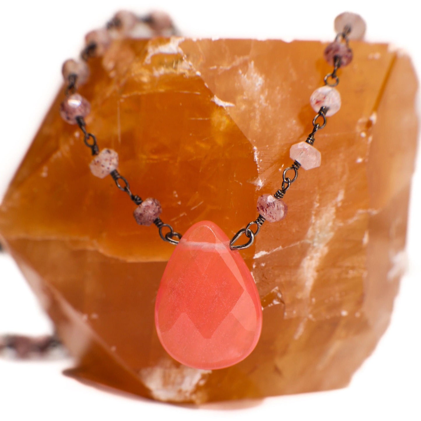 Strawberry Quartz Faceted Pear Drop Pendant in Strawberry Quartz Wire Wrapped Rosary Chain Necklace plus 3" Extension. Gift