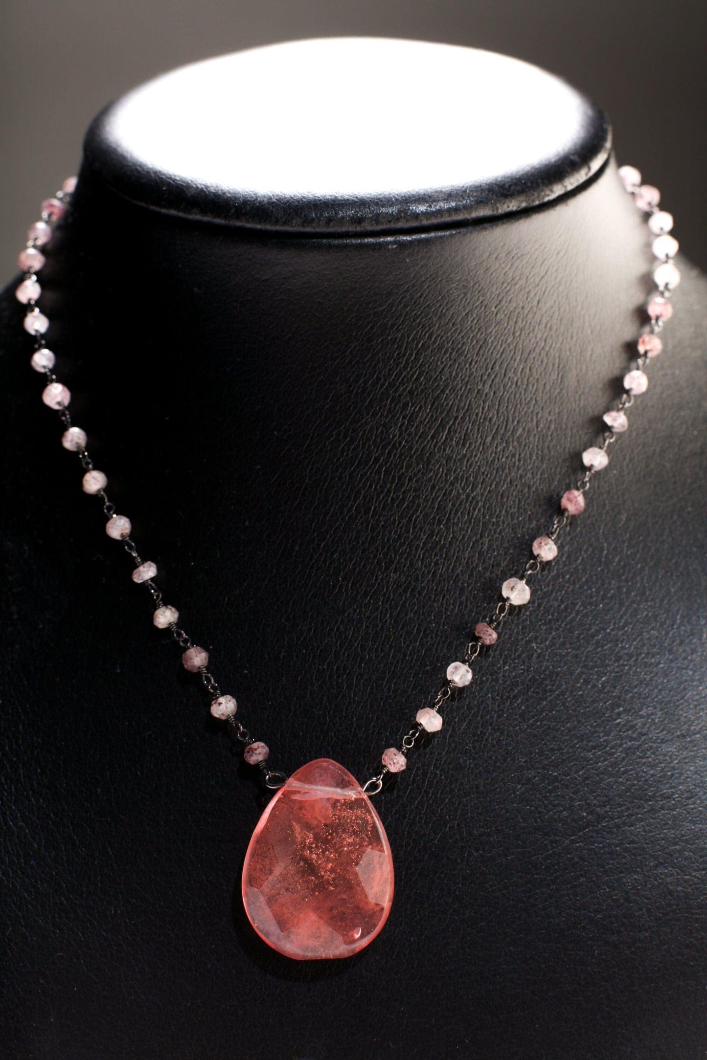 Strawberry Quartz Faceted Pear Drop Pendant in Strawberry Quartz Wire Wrapped Rosary Chain Necklace plus 3" Extension. Gift
