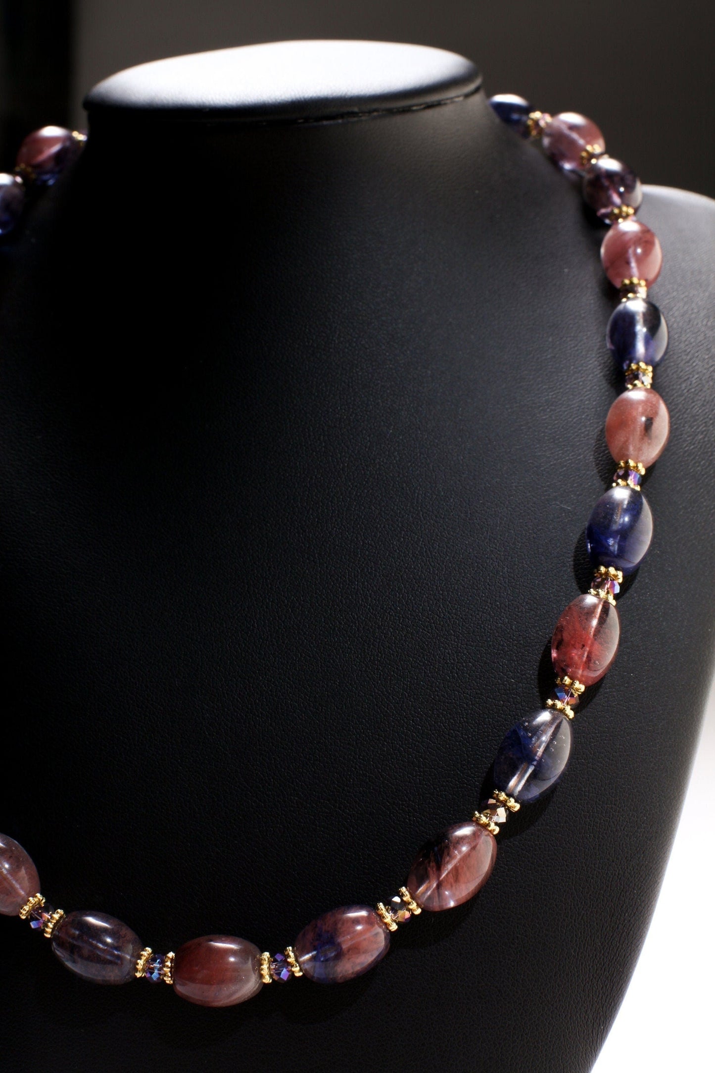 Bi Color Blueberry and Strawberry Quartz Puffed Oval Bali Style Gold Daisy and Crystal Spacers 19" Necklace, 1.5" Extension Chain
