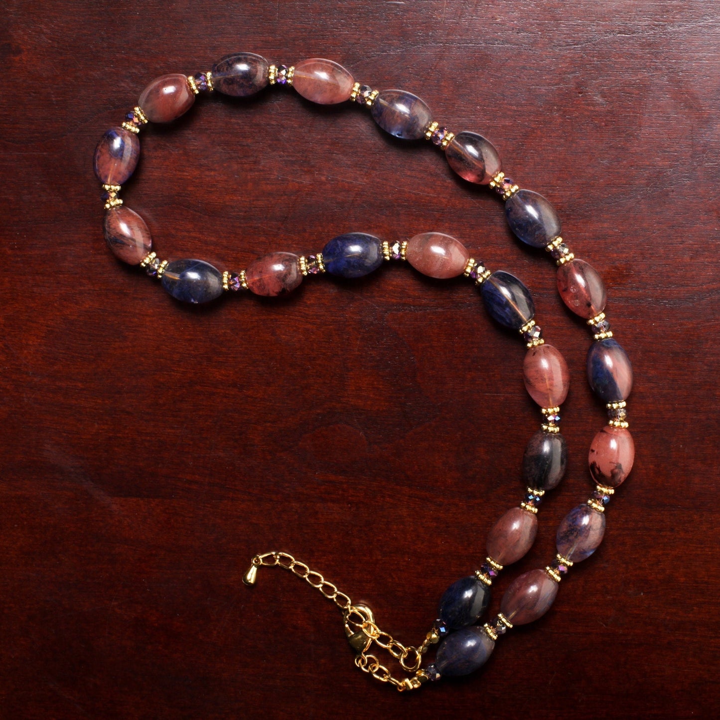 Bi Color Blueberry and Strawberry Quartz Puffed Oval Bali Style Gold Daisy and Crystal Spacers 19" Necklace, 1.5" Extension Chain