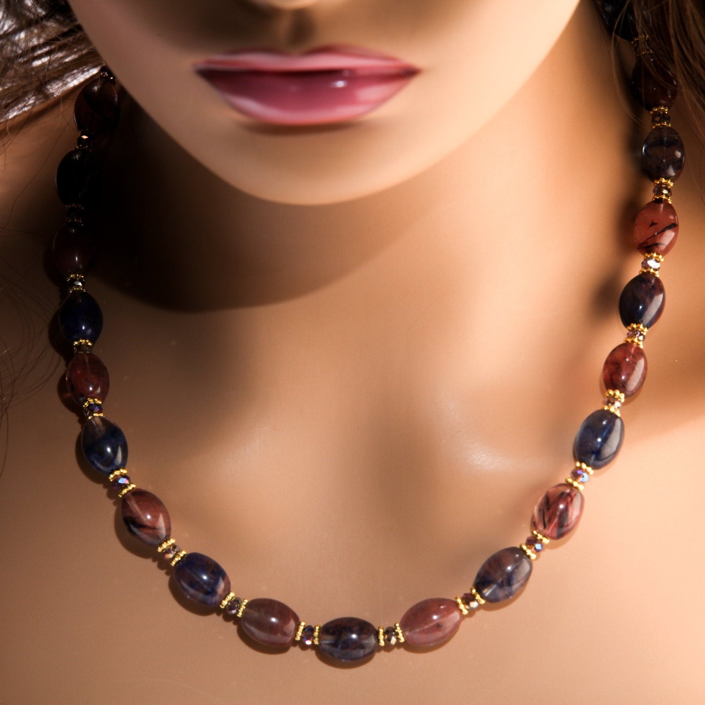 Bi Color Blueberry and Strawberry Quartz Puffed Oval Bali Style Gold Daisy and Crystal Spacers 19" Necklace, 1.5" Extension Chain