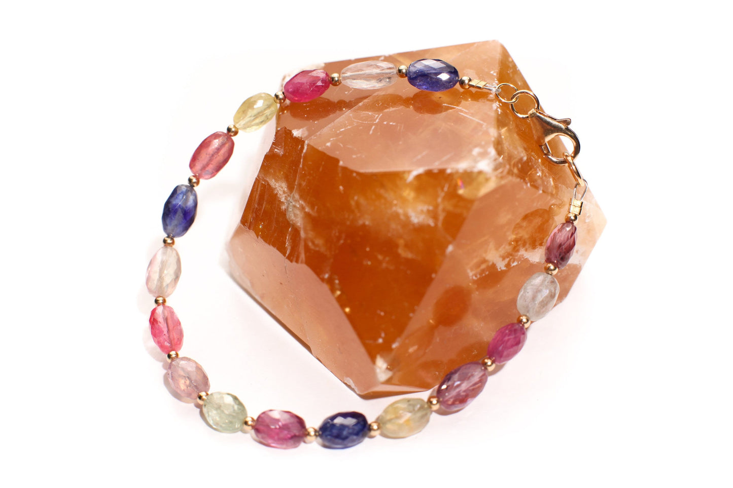Natural Multi Sapphire 5x7mm Faceted Puffed Oval AAA clear quality Gemstone in 14k Gold Filled spacer and clasp Bracelet. Precious Gift .