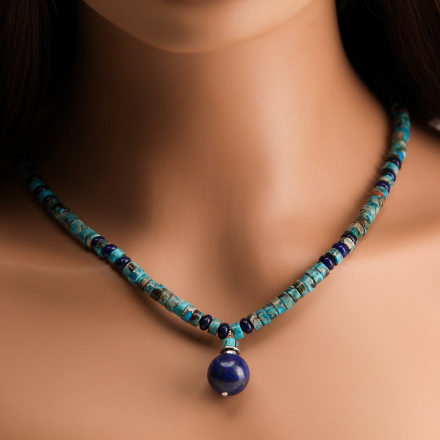 Lapis Lazuli and Turquoise Heishe Necklace, Lapis Roundel Spacer, Lapis Round 16mm Ball Centerpiece Pendant , beautiful gift 16"-30"