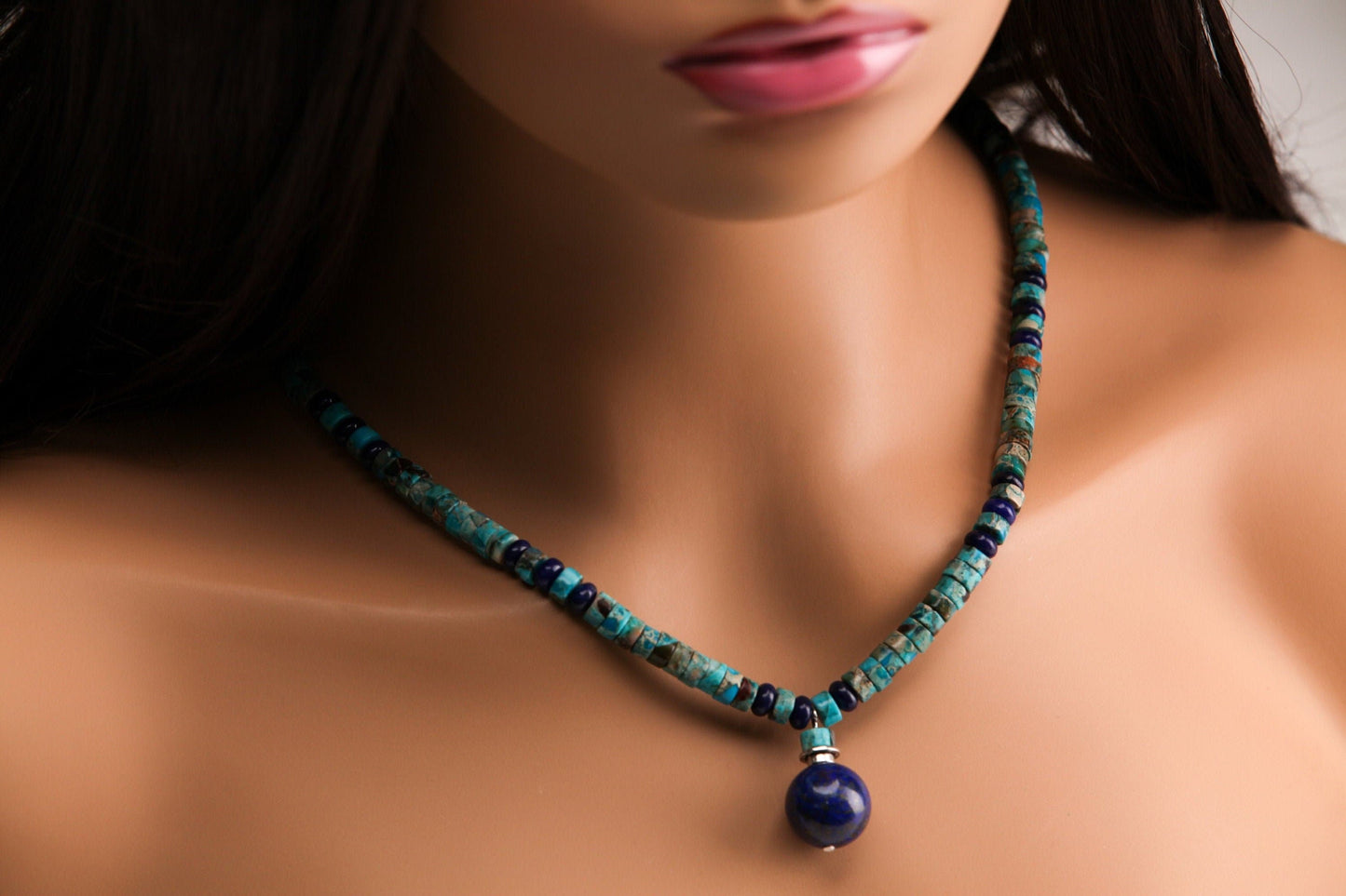 Lapis Lazuli and Turquoise Heishe Necklace, Lapis Roundel Spacer, Lapis Round 16mm Ball Centerpiece Pendant , beautiful gift 16"-30"