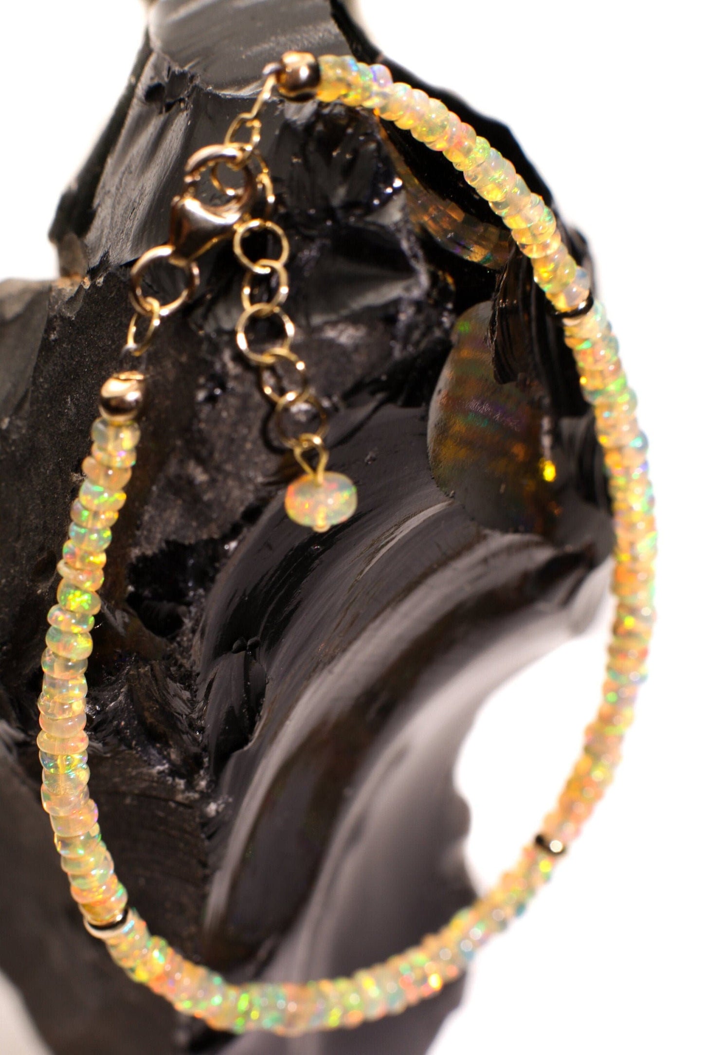 Genuine Ethiopian Fire Opal 3-3.75mm Smooth Graduated Roundel Bracelet, AAA Quality Fiery Opal Bracelet in 14K Gold Filled Chain with 1" Ext