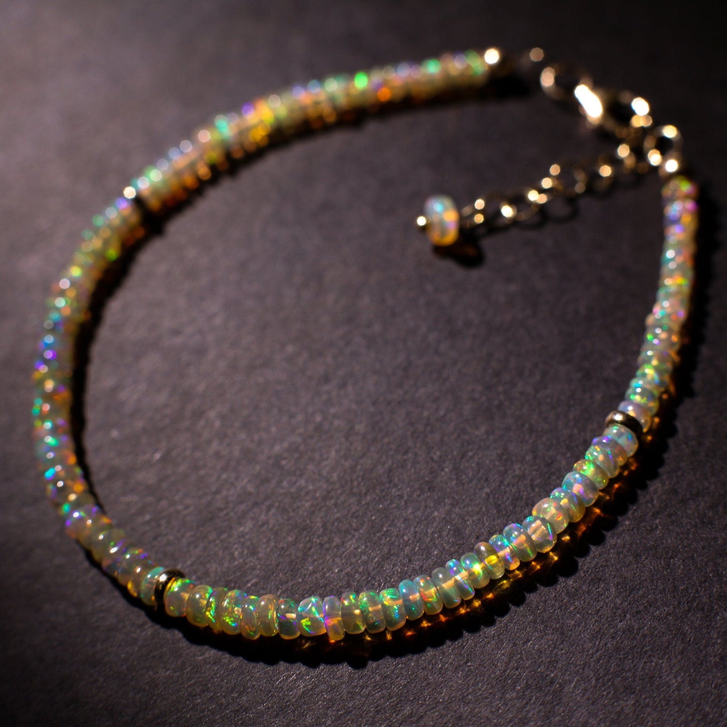 Genuine Ethiopian Fire Opal 3-3.75mm Smooth Graduated Roundel Bracelet, AAA Quality Fiery Opal Bracelet in 14K Gold Filled Chain with 1" Ext