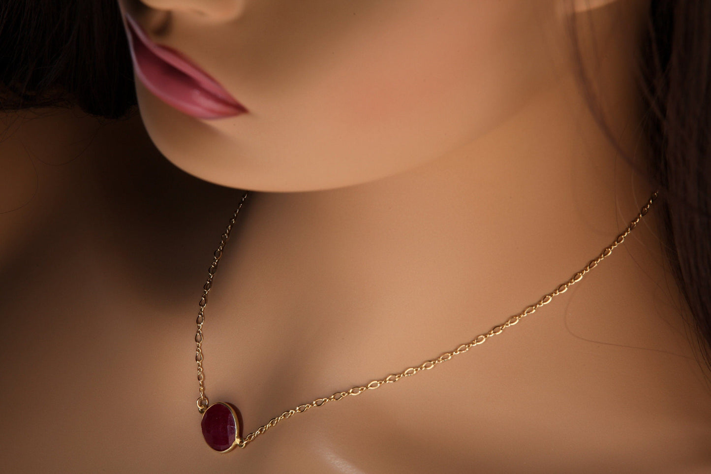 Ruby Gold Bezel Necklace, Natural Faceted Ruby Gold Bezel Charm in 14K Gold Filled Figure 8 Chain, Minimalist, Boho 16" Handmade Necklace
