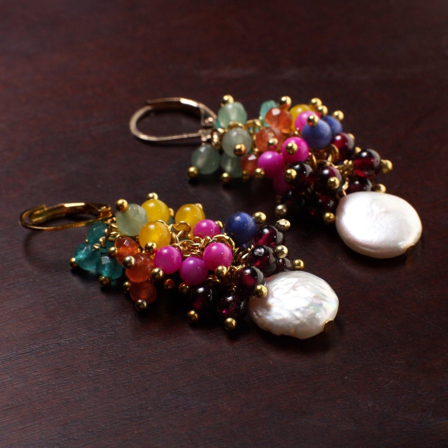 Multi Gemstones Freshwater Coin Pearl Dangle Lucky7 Clusters Apatite,Chalcedony, Aventurine, carnelian,MOP, Garnet rainbow earrings,gift