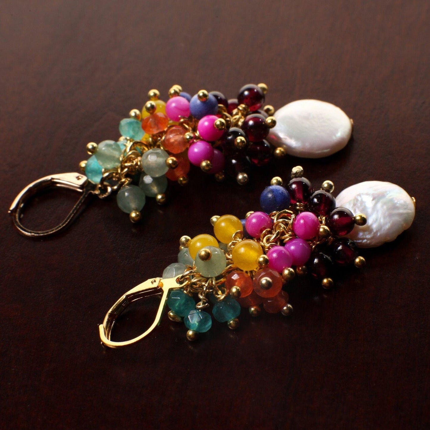 Multi Gemstones Freshwater Coin Pearl Dangle Lucky7 Clusters Apatite,Chalcedony, Aventurine, carnelian,MOP, Garnet rainbow earrings,gift