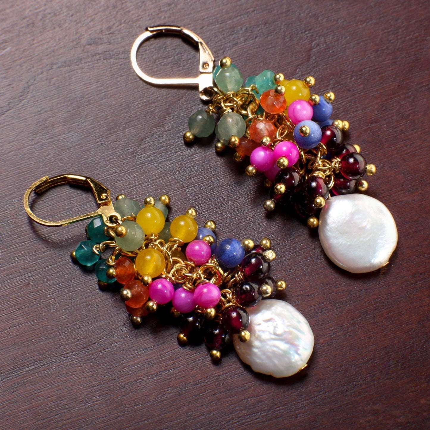 Multi Gemstones Freshwater Coin Pearl Dangle Lucky7 Clusters Apatite,Chalcedony, Aventurine, carnelian,MOP, Garnet rainbow earrings,gift