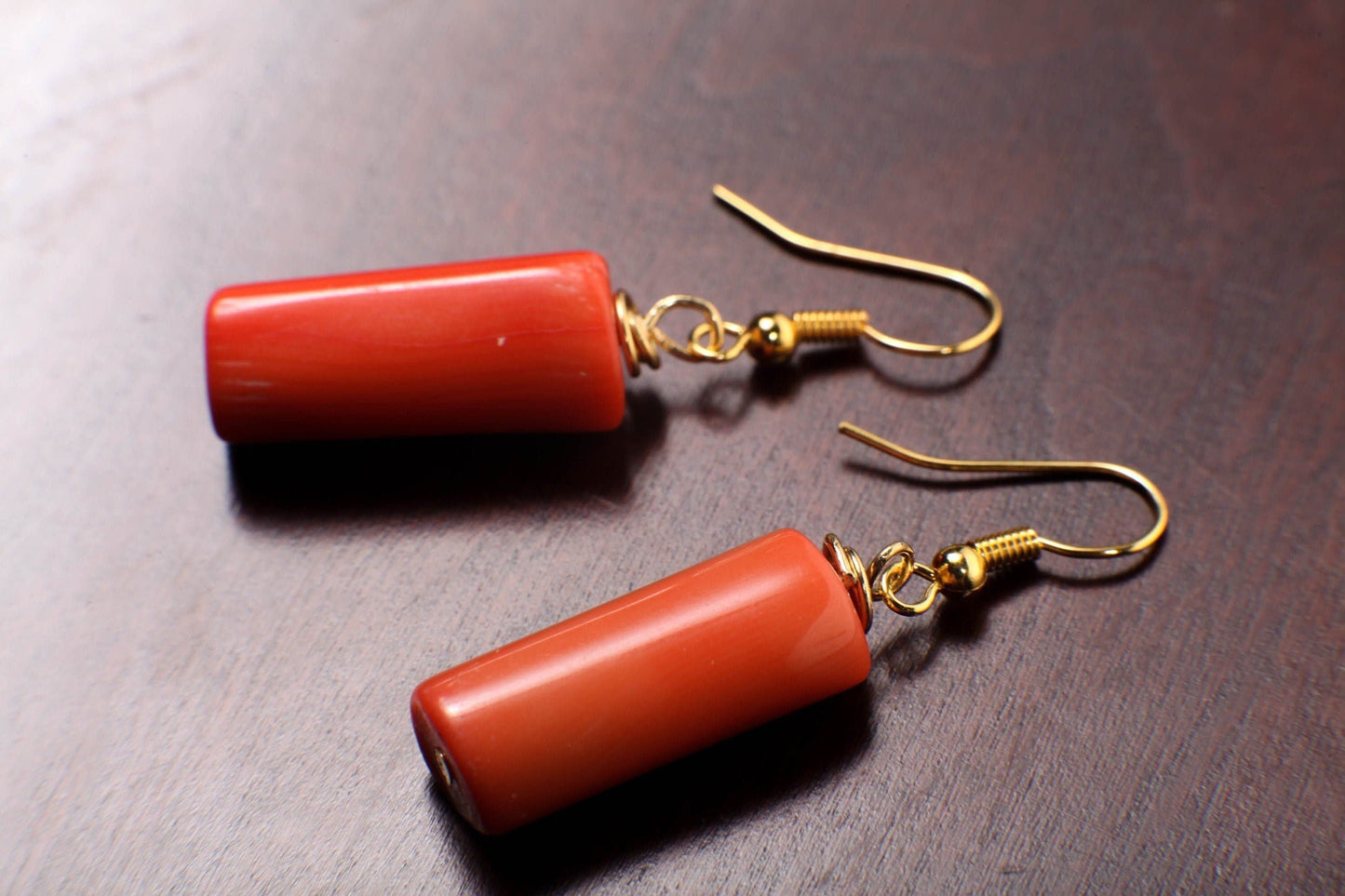 Bamboo Coral Earrings, Natural Free Form Branch Pink Stick 10x22mm Tube Gold Earwire Earrings, Gift for her