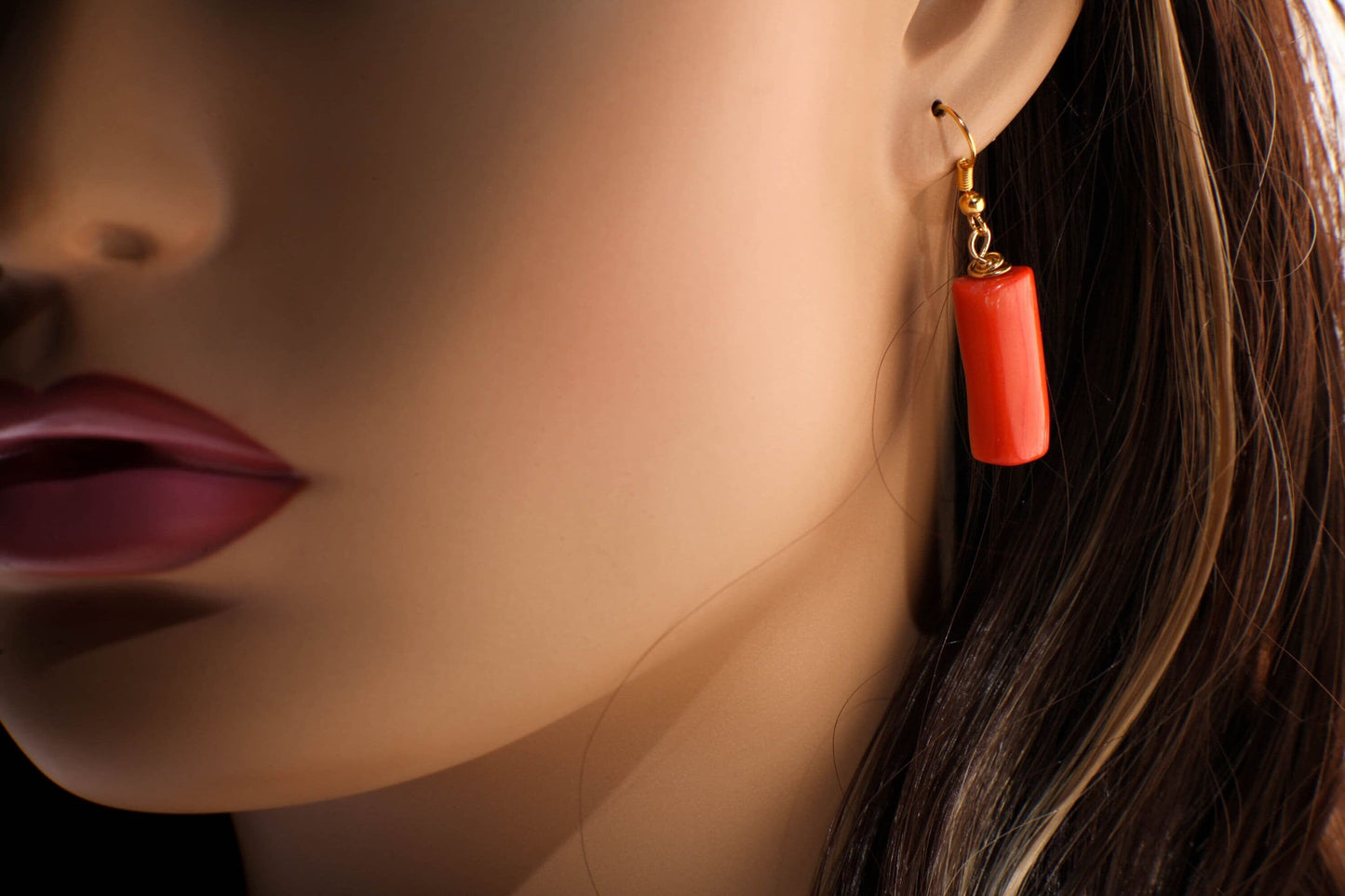 Bamboo Coral Earrings, Natural Free Form Branch Pink Stick 10x22mm Tube Gold Earwire Earrings, Gift for her