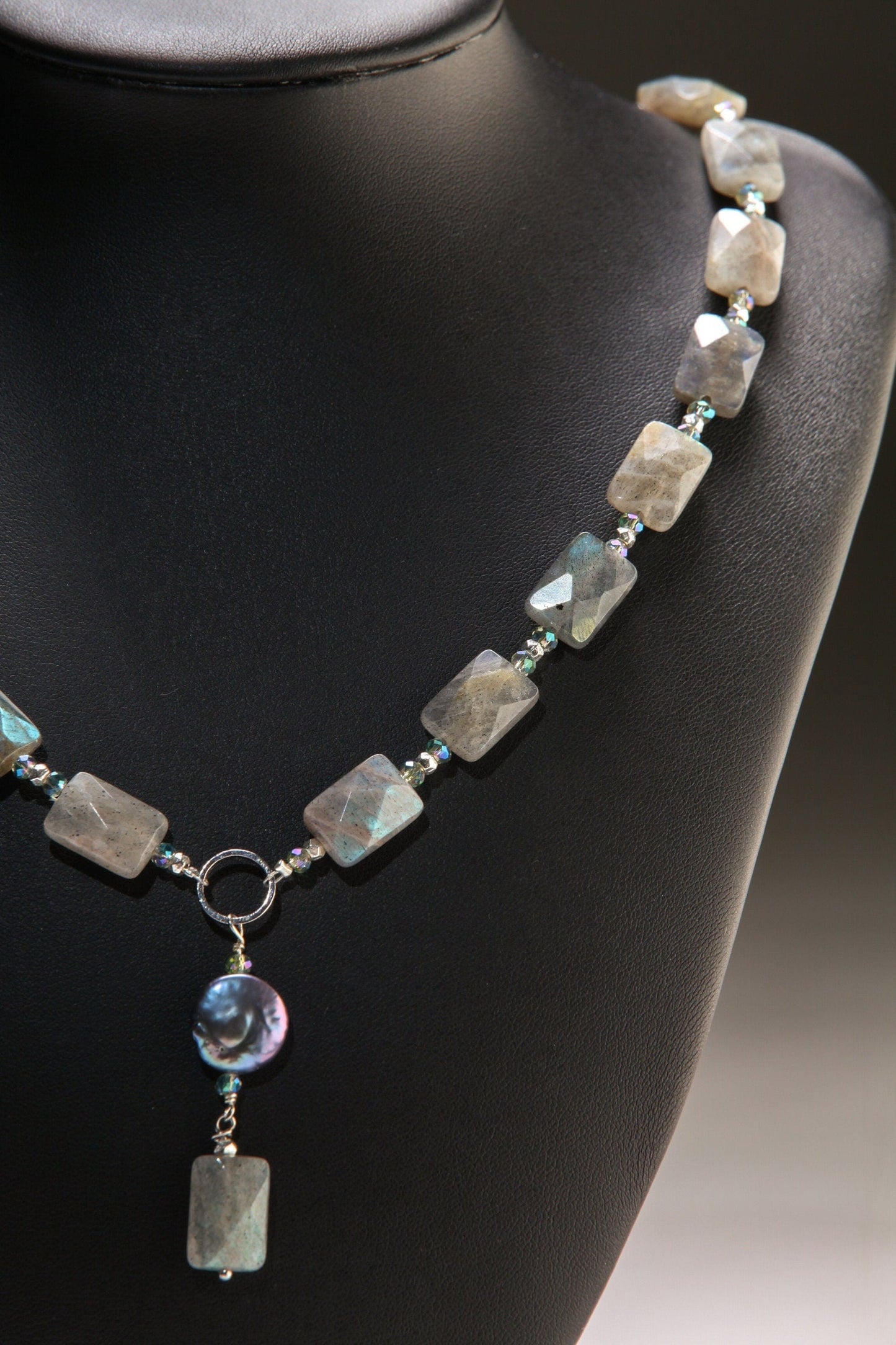 Labradorite blue flash 10x14mm Faceted Pillow Shape with Dangle 12mm Freshwater Coin Pearl Centerpiece Y Necklace 19", elegant gift