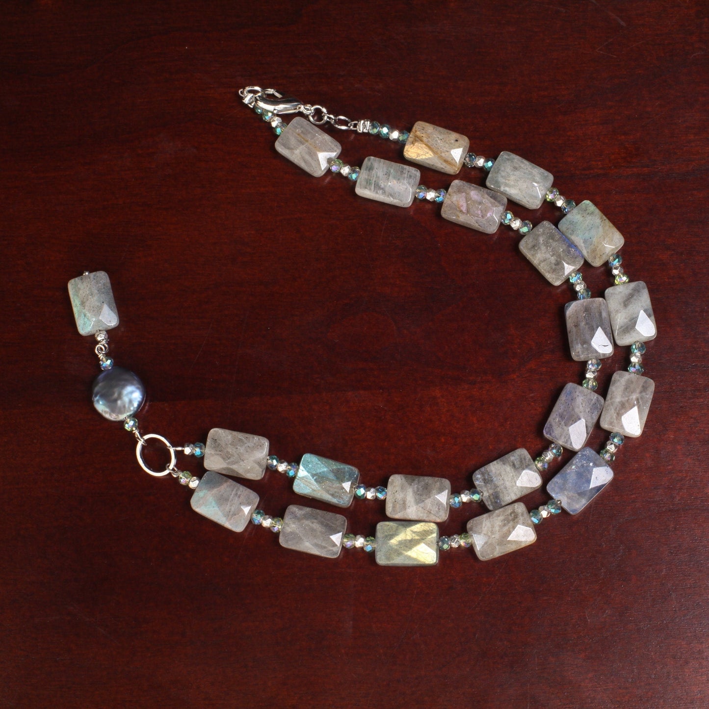 Labradorite blue flash 10x14mm Faceted Pillow Shape with Dangle 12mm Freshwater Coin Pearl Centerpiece Y Necklace 19", elegant gift