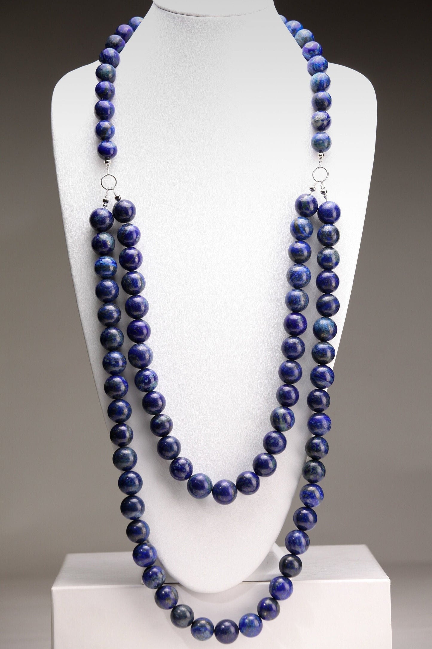 Natural Lapis Lazuli 18mm 2 Layer 19" and 27" and 12" Stones in the back, Handmade Necklace, 7.5" Bracelet, Matching Earrings Jewelry Set