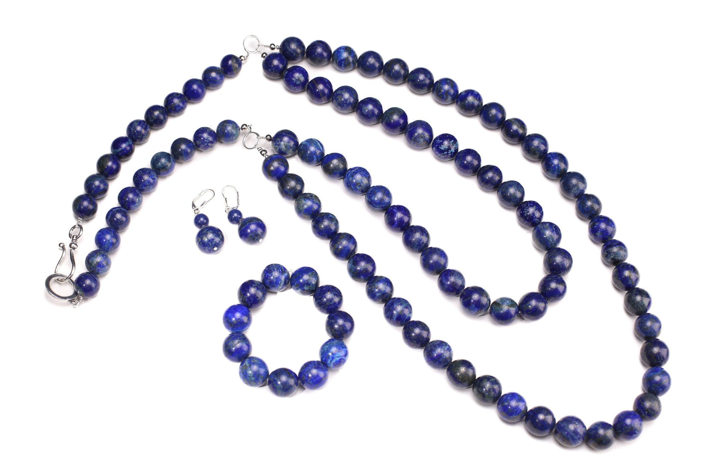 Natural Lapis Lazuli 18mm 2 Layer 19" and 27" and 12" Stones in the back, Handmade Necklace, 7.5" Bracelet, Matching Earrings Jewelry Set