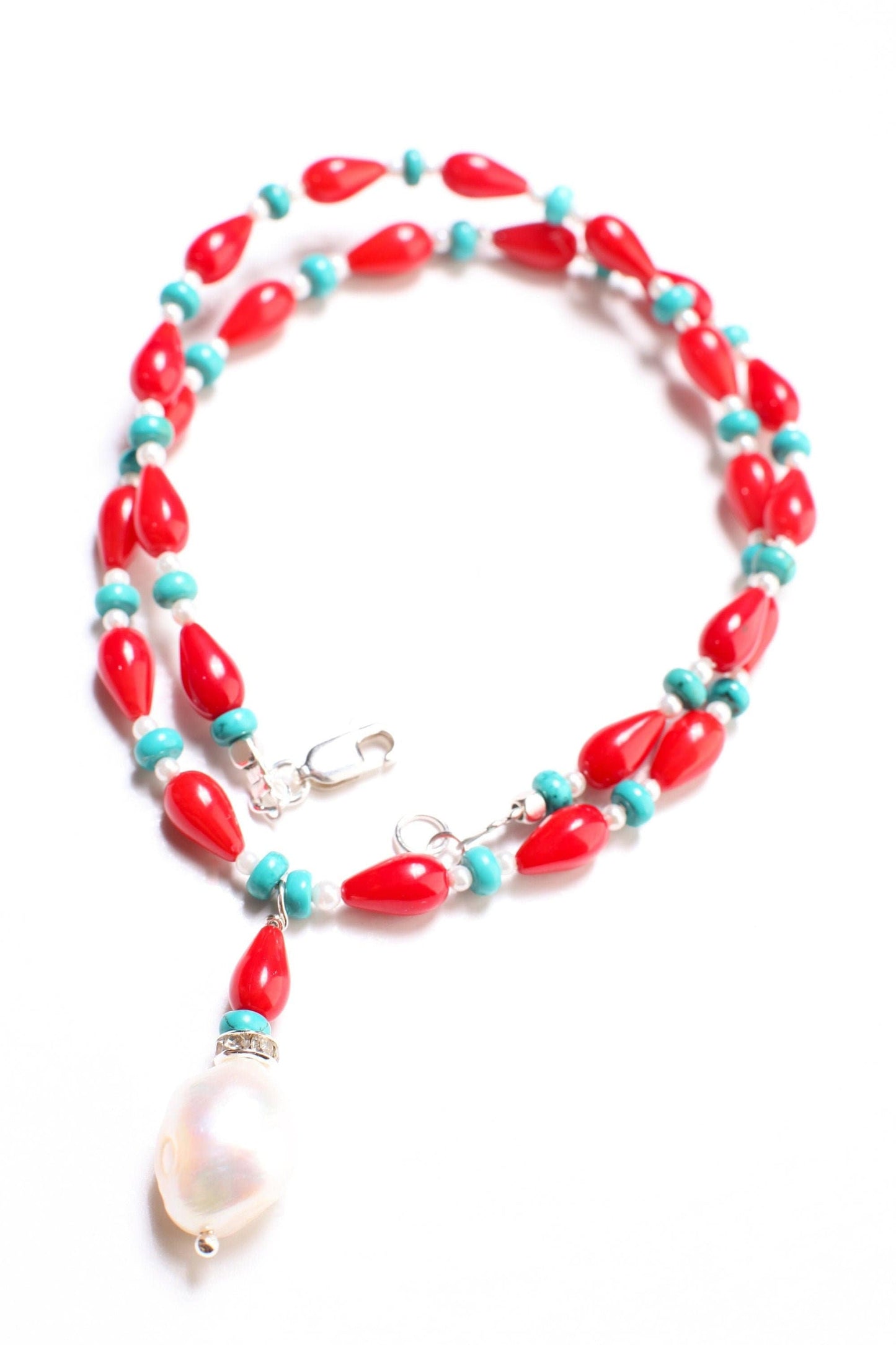 Genuine AAA Red Bamboo 5x9mm Coral Tear drop with Turquoise 4mm Roundel & Fresh Water pearl Spacers, 925 Sterling Silver Necklace 14-30"
