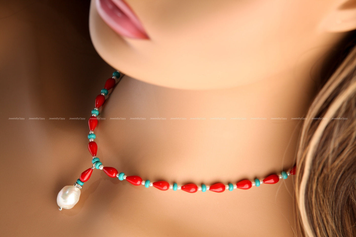 Genuine AAA Red Bamboo 5x9mm Coral Tear drop with Turquoise 4mm Roundel & Fresh Water pearl Spacers, 925 Sterling Silver Necklace 14-30"