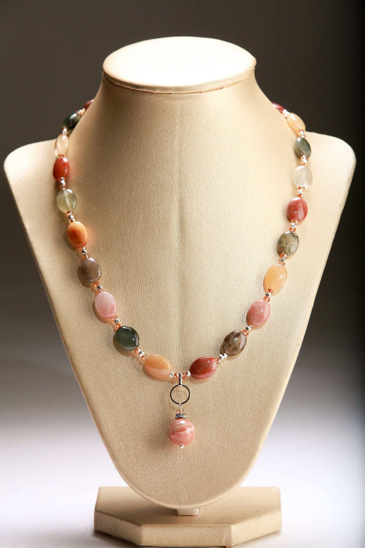 Natural Multi Rutilated Quartz Smooth AAA Oval, accent Peach Moonstone Pendant with Rhodium Clasp 18" Necklace with 2" Extension Chain