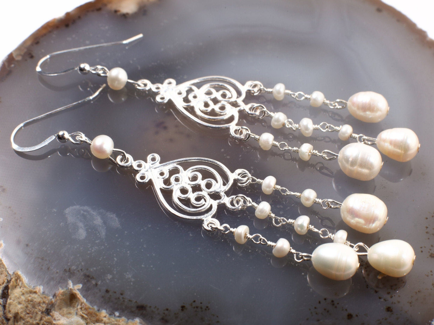 Genuine Freshwater Cultural Pearl Earrings, Freshwater Pearl Earrings in 925 Sterling Silver Chandelier and Earwire, Handmade Gift for Her