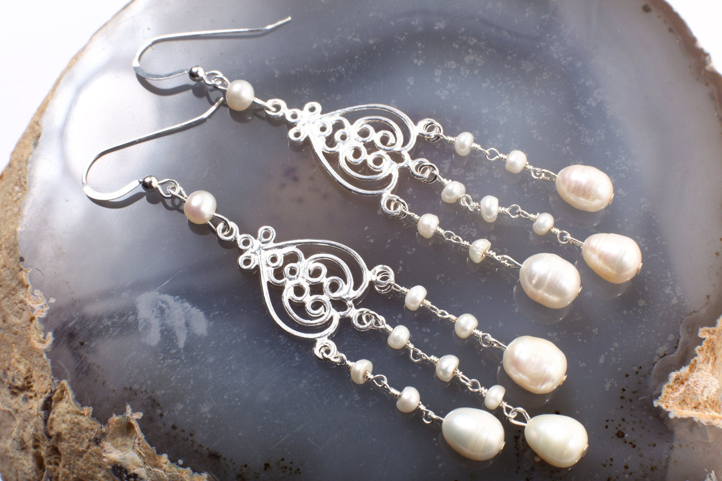 Genuine Freshwater Cultural Pearl Earrings, Freshwater Pearl Earrings in 925 Sterling Silver Chandelier and Earwire, Handmade Gift for Her