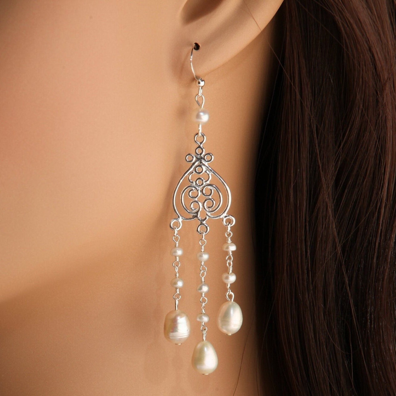 Genuine Freshwater Cultural Pearl Earrings, Freshwater Pearl Earrings in 925 Sterling Silver Chandelier and Earwire, Handmade Gift for Her
