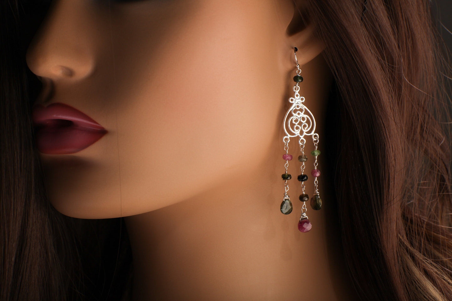 Watermelon Tourmaline Earrings, Wire Wrapped Dangling Briolette in 925 Sterling Silver Chandelier and Earwire, Bridal, Boho, Handmade Gift
