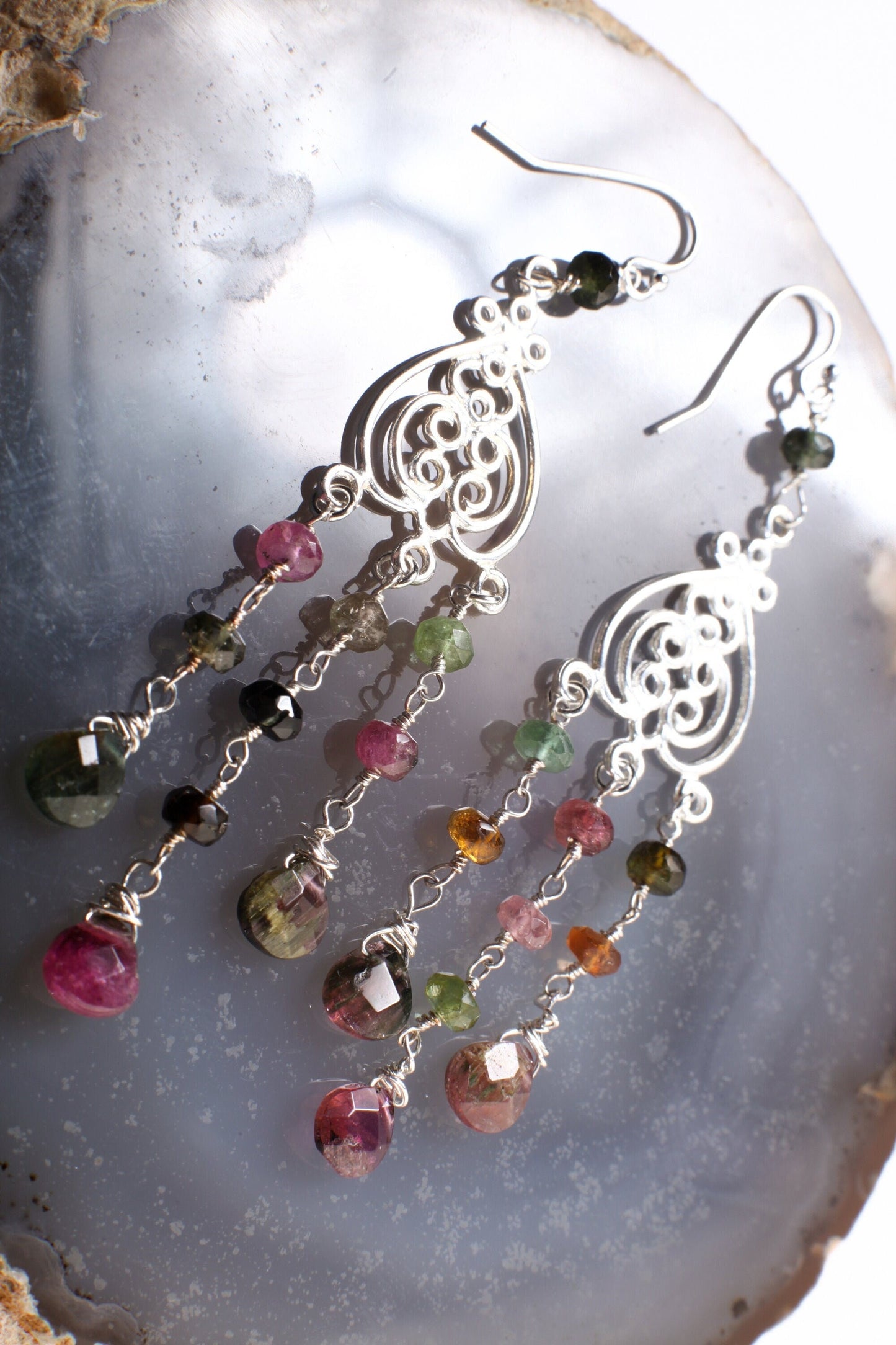 Watermelon Tourmaline Earrings, Wire Wrapped Dangling Briolette in 925 Sterling Silver Chandelier and Earwire, Bridal, Boho, Handmade Gift