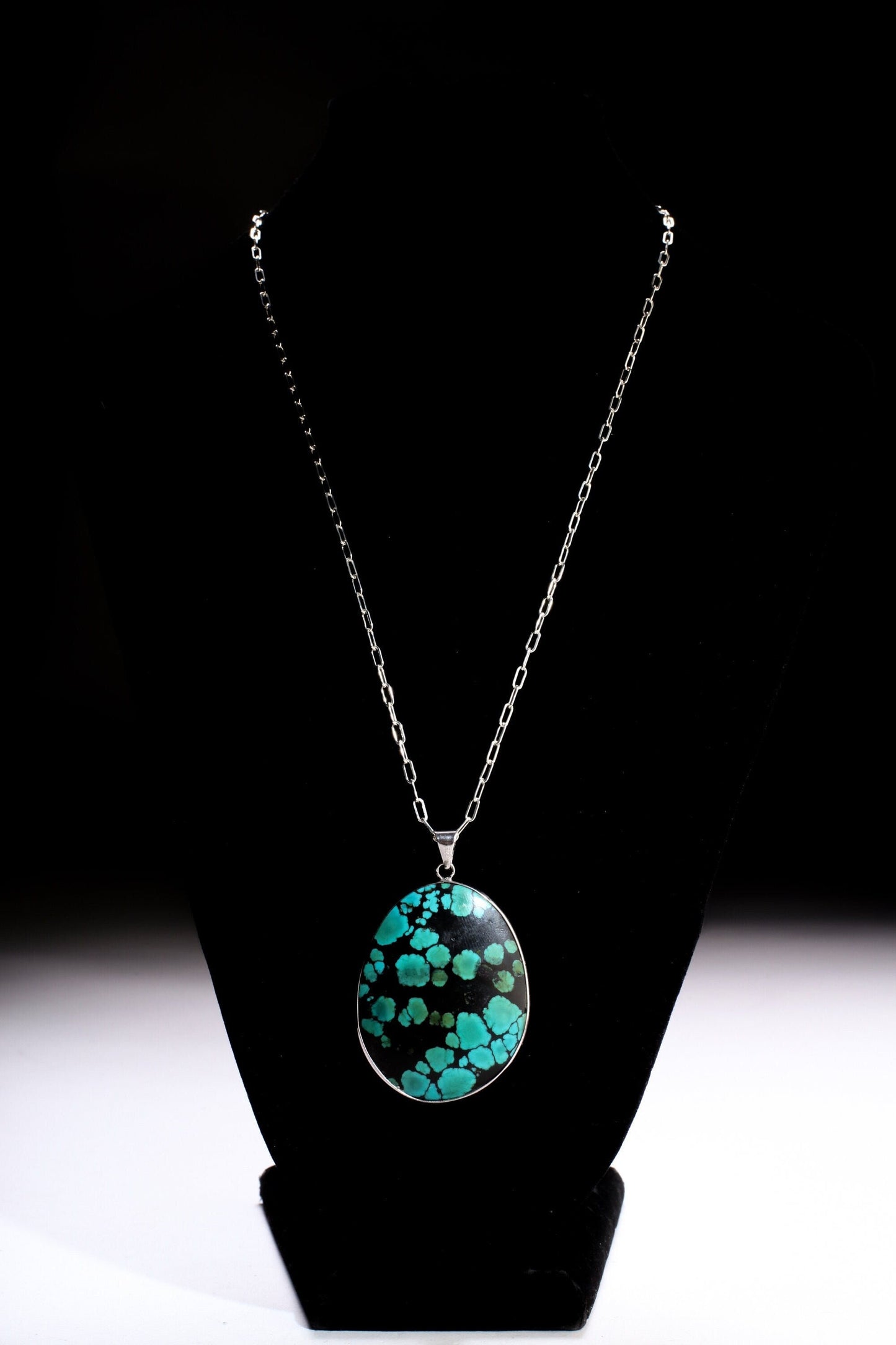 Turquoise Pendant, Genuine AAA Tibetan Spiderweb Turquoise Cab Gemstone 925 Sterling Silver Bezel Pendant, Option: Silver Chain,39x50mm 20g