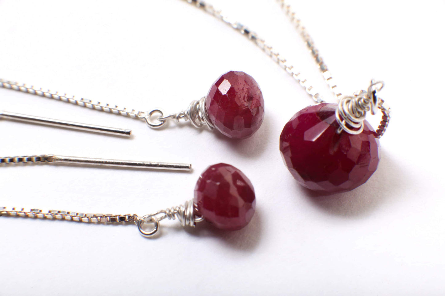 Ruby Necklace Set, Genuine Ruby Drop Briolette Onion Shape and 5" Long Threader Earrings in 925 Sterling Silver Box Chain Necklace