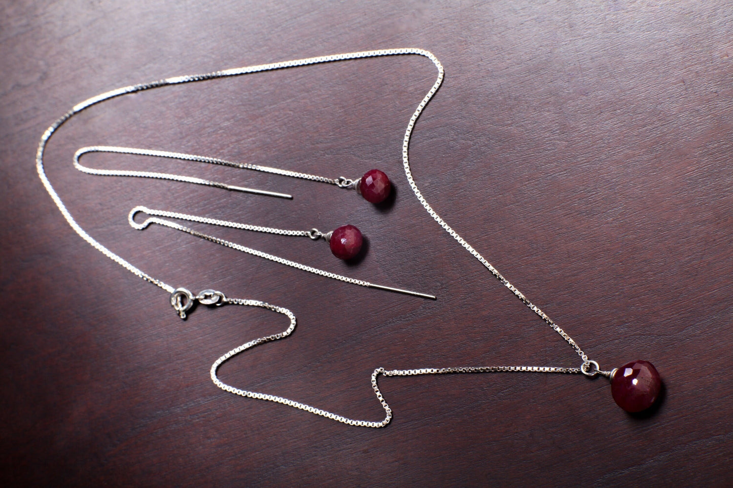Ruby Necklace Set, Genuine Ruby Drop Briolette Onion Shape and 5" Long Threader Earrings in 925 Sterling Silver Box Chain Necklace