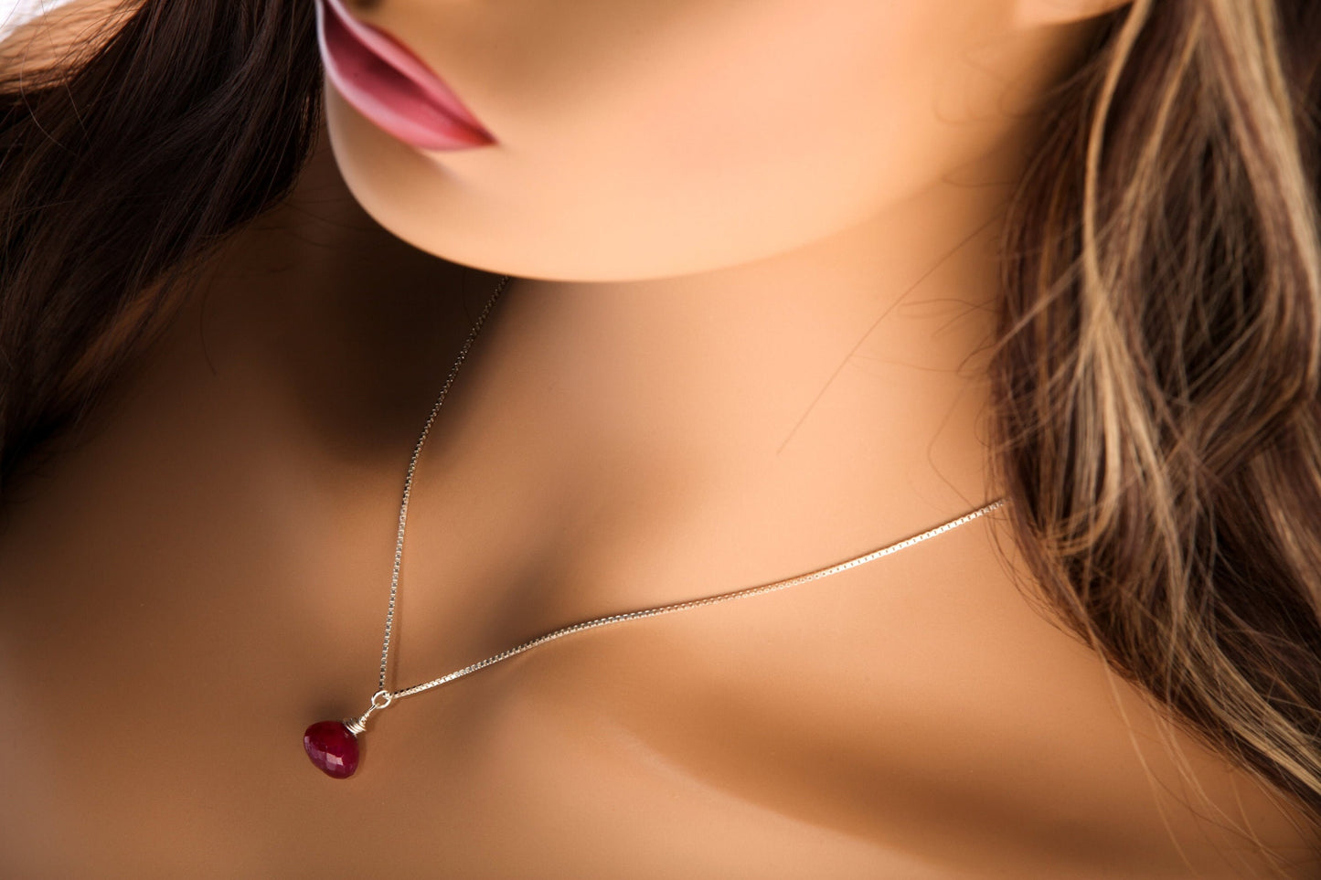 Ruby Necklace Set, Genuine Ruby Drop Briolette Onion Shape and 5" Long Threader Earrings in 925 Sterling Silver Box Chain Necklace