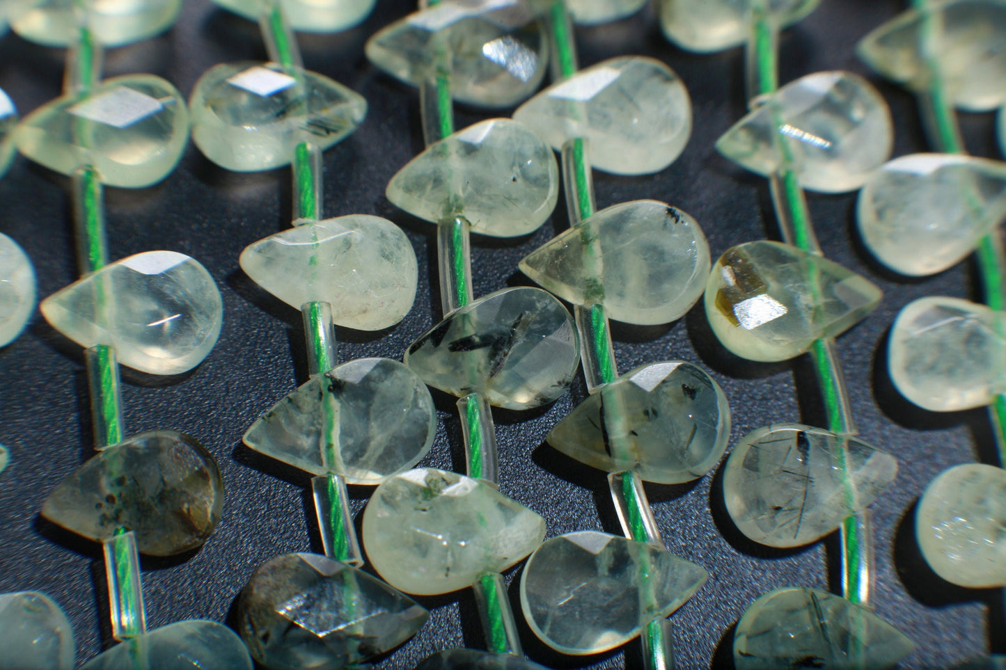 Natural Prehnite, Green Tourmalinated Quartz, Faceted Teardrops Shape 6x9mm Gemstones Side Drilled Beads 16" Strands 43Pcs, Single/Bulk