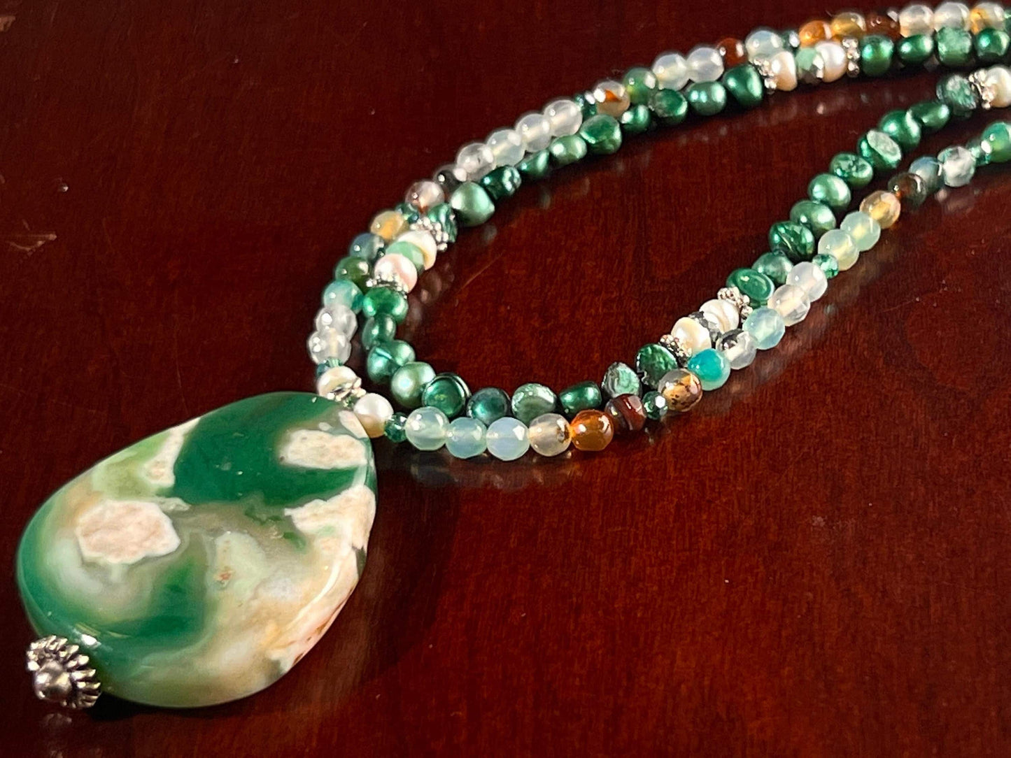 Japanese Blossom Flower Agate Pendant, Matching Freshwater Pearl and Fire Agate 18" plus 3” Extension Statement Necklace, Beautiful Gift