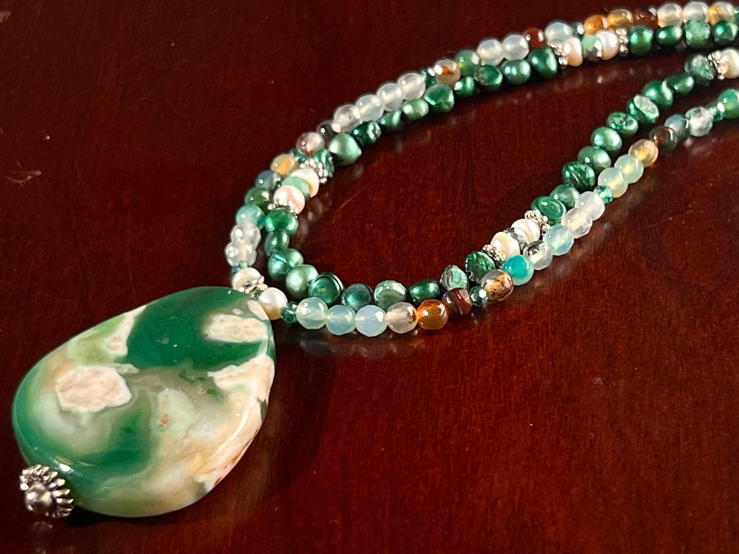 Japanese Blossom Flower Agate Pendant, Matching Freshwater Pearl and Fire Agate 18" plus 3” Extension Statement Necklace, Beautiful Gift