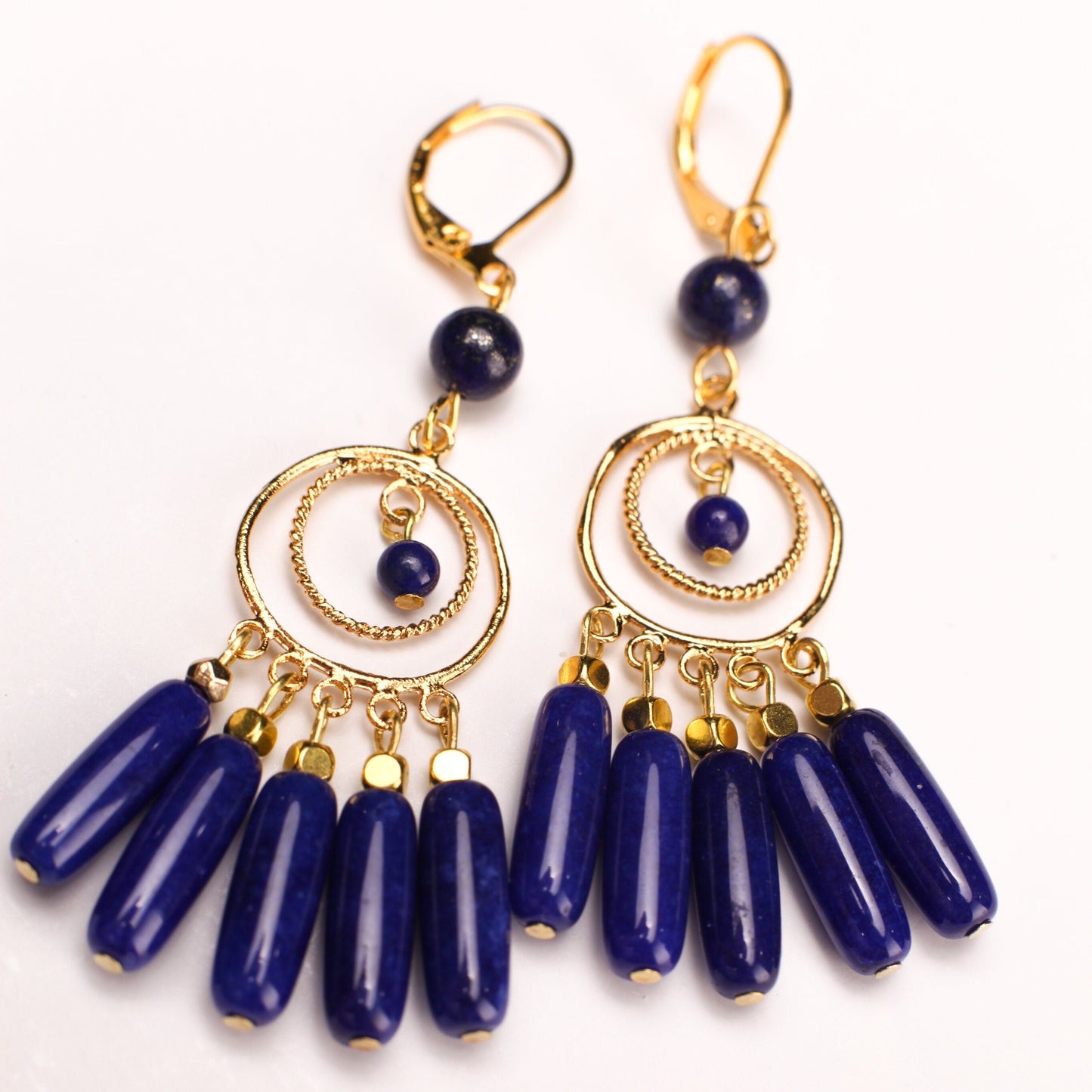 Lapis Lazuli Dangling Tube Gold Chandelier Earrings, Bridesmaids, Boho, Handmade Gemstone, Leverback Earwire, Gift for Her