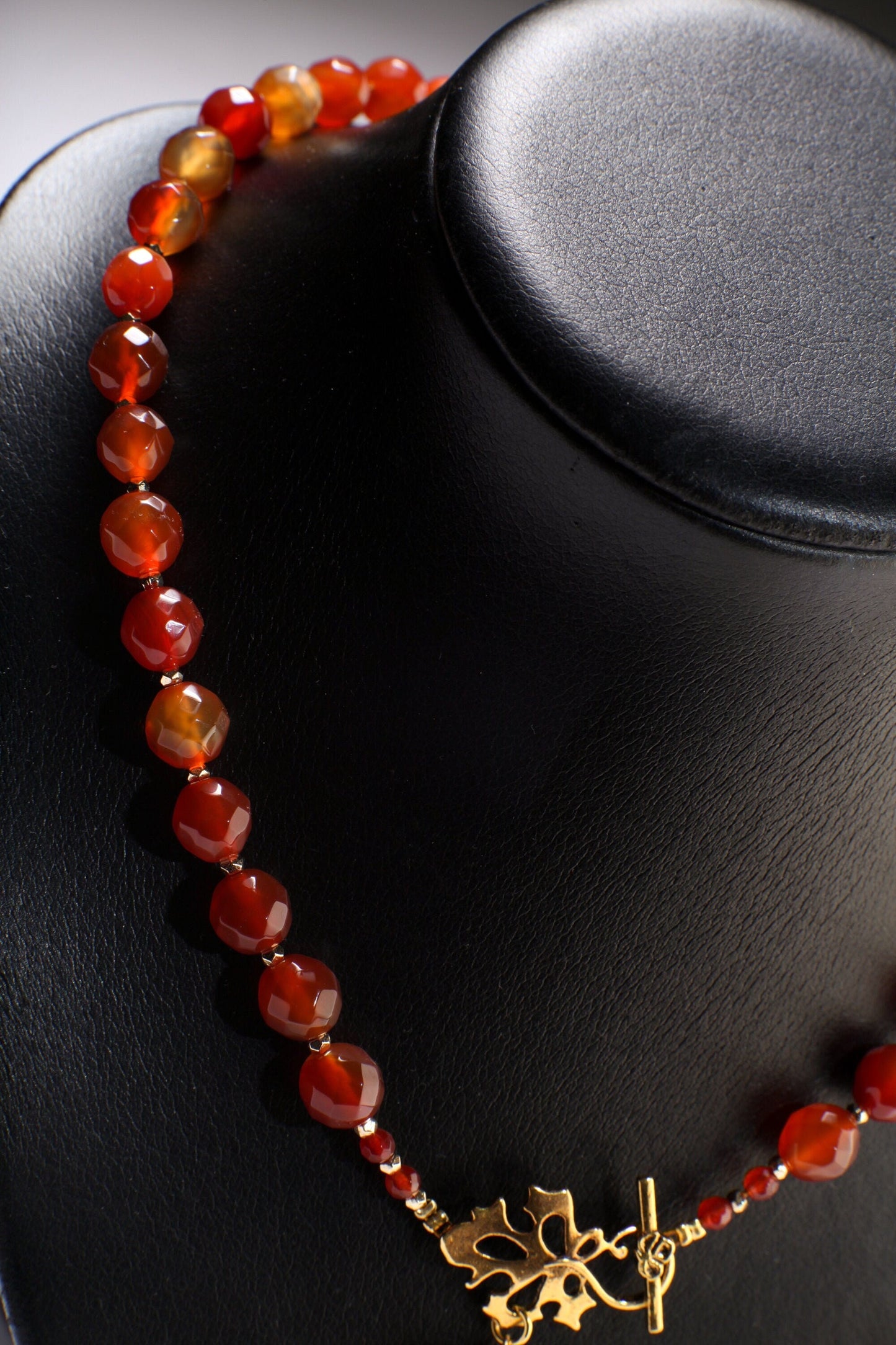 Carnelian Necklace, Natural Carnelian Faceted with Dangling Fire Agate Oval Pendant, Antiqued Gold Fancy Leaf Toggle Clasp,Gift 20" Necklace